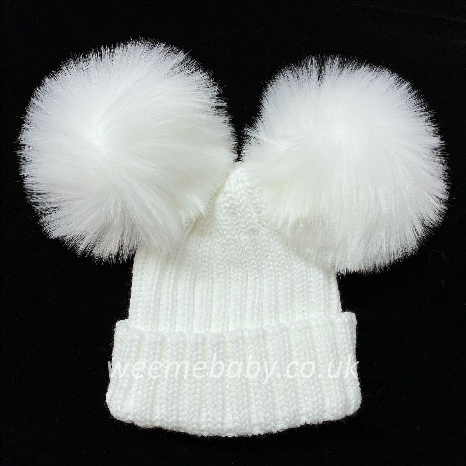 White Double Mega Faux Fur Pom Hat Ribbed Knit