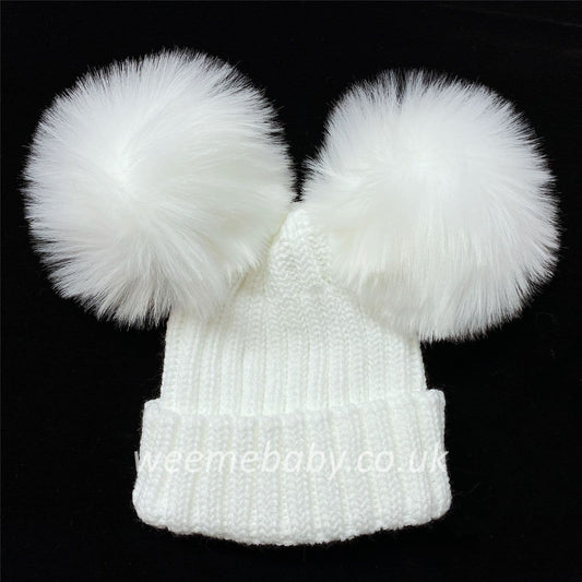 White Double Mega Faux Fur Pom Hat Ribbed Knit