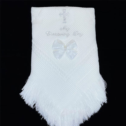 White Diamante Bow Baby Shawl