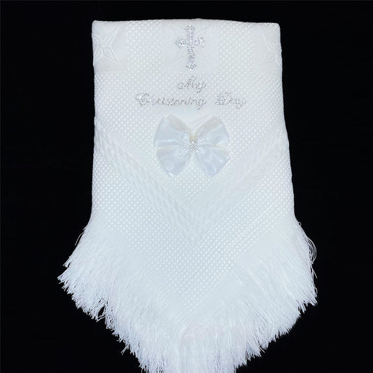 White Diamante Bow Baby Shawl